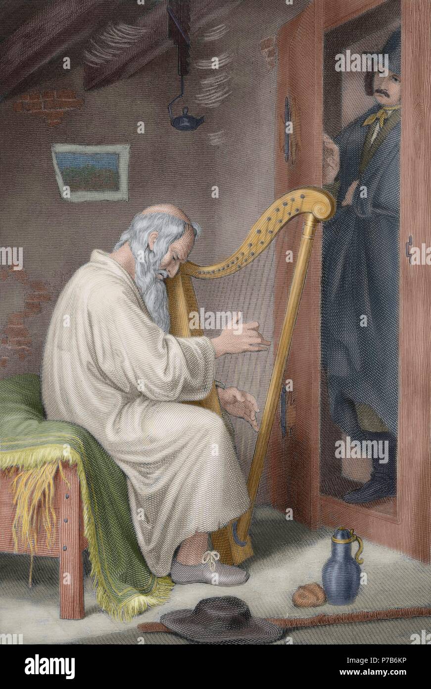 Johann Wolfgang von Goethe (1749-1832). Deutscher Schriftsteller. Wilhelm Meister Lehre. Buch II. Kapitel XIII. Gravur Darstellung Alter Mann spielt Harfe. Ausgabe von 1837. Farbige. Stockfoto