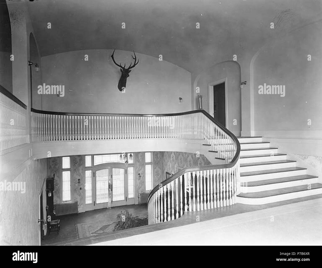 . Englisch: Tacoma Land und Golf Club, innen Eingang, in der Nähe von American See, Tacoma, Washington, Ca. 1910. Englisch: Zeigt die Treppe montiert mit hirschkopf an der Wand. Auf der Hülse der Negativen: Tacoma Country Club innen Eingang Themen (LCTGM): Treppen - Washington (State) - Tacoma; Türen & Tore - Washington (State) - Tacoma; Eingang Hallen - Washington (State) - Tacoma; Land Vereine - Washington (State) - tacoma Themen (LCSH): Tacoma Land & Golf Club (Tacoma, Washington); Jagdtrophäen - Washington (State) - Tacoma. ca. 1910 78 Tacoma Land und Golf Club, innen Eingang, in der Nähe von Amer Stockfoto