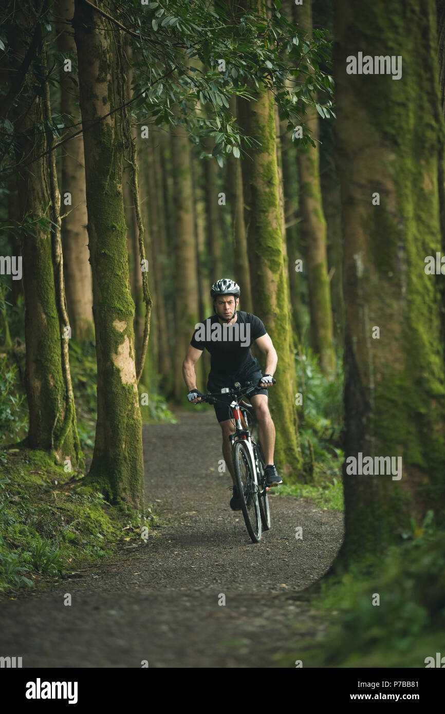 Radfahrer reiten Fahrrad durch üppigen Wald Stockfoto