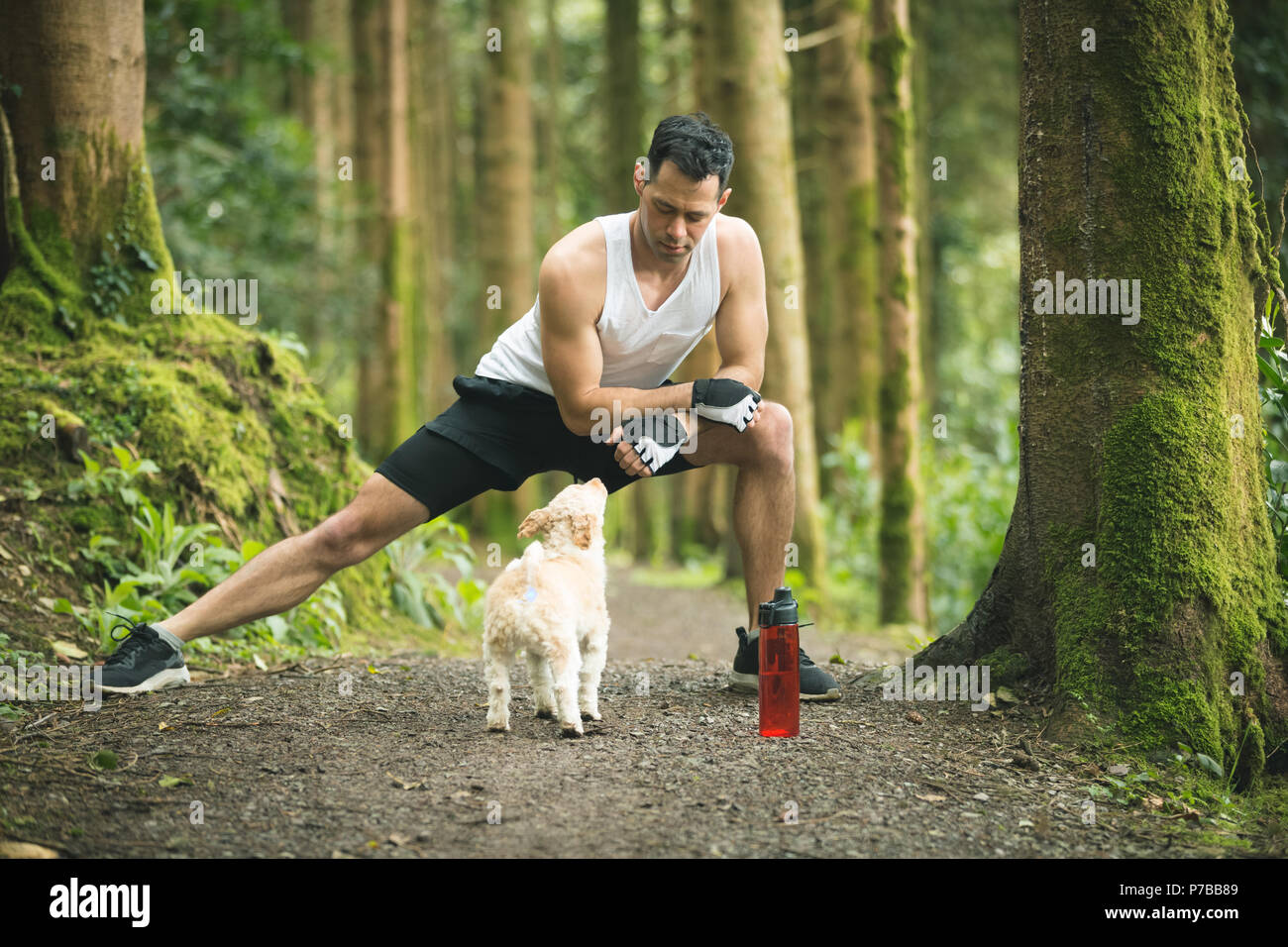 Passen Mann zu tun stretching Übung mit seinem Hund Stockfoto