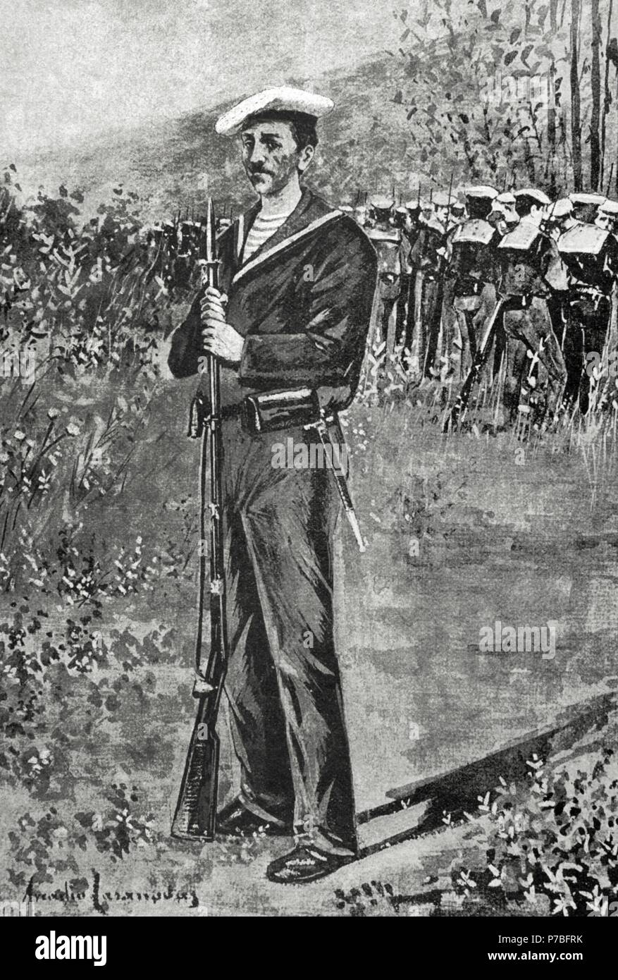 Spanisch-amerikanischen Krieg zwischen Spanien und den USA im Jahr 1898, aufgrund der US-Intervention in der Kubanischen Unabhängigkeitskrieg. Spanische Marine Marines aussteigen in Santiago de Cuba. Gravur. 'La Ilustracio n Iberi Ca', 1898. Stockfoto