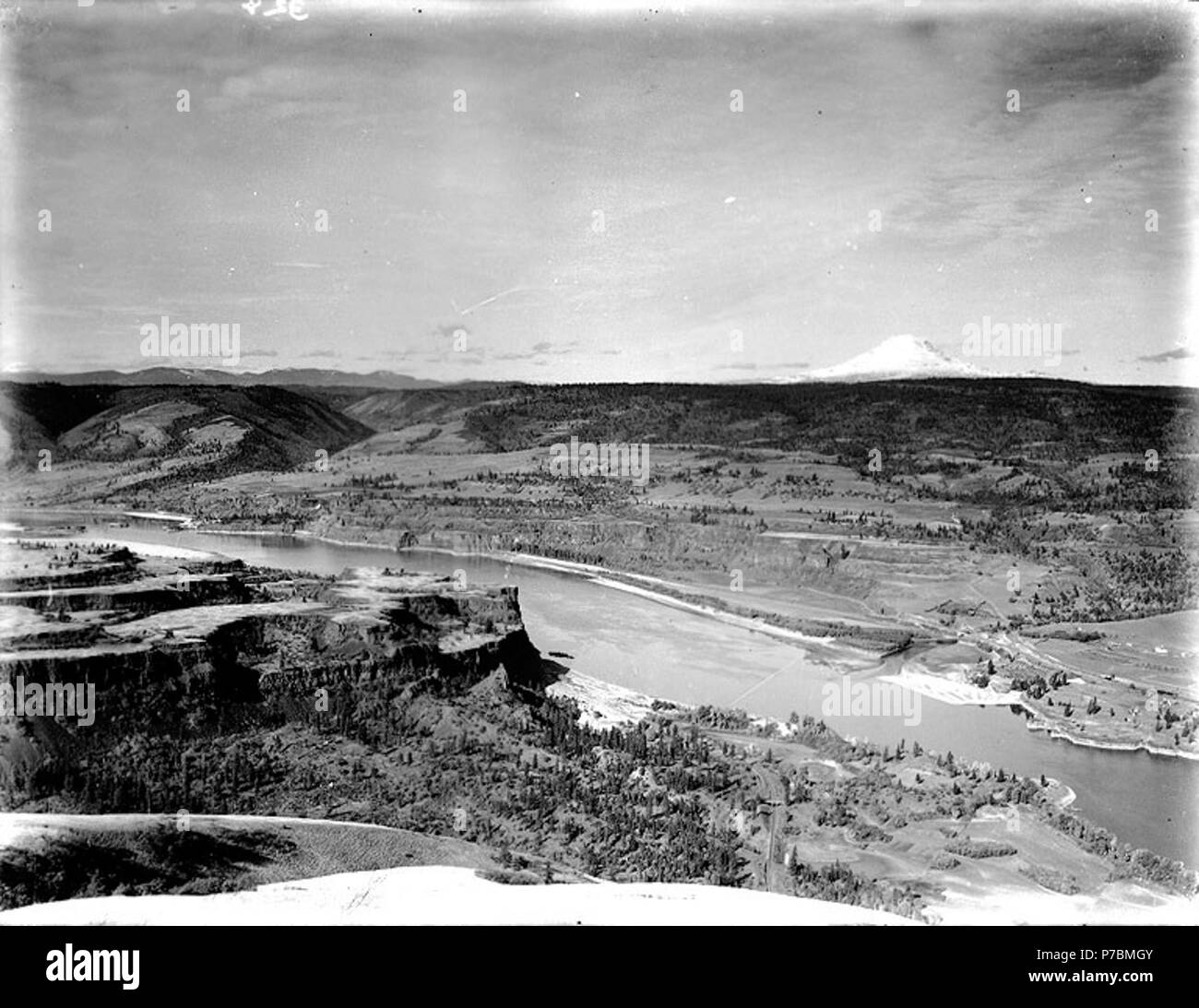 . Englisch: Oberen Columbia River aus Oregon Seite gesehen, Ca. 1913. Englisch: Mount Adams im Hintergrund. Auf der Hülse der Negativen: Kolumbien. Oberen Fluss, aus Oregon Seite. Mt. Adams. Themen (LCTGM): Flüsse - Oregon; Berge - Washington (State) Themen (LCSH): Columbia River; Adams, Mount (Wash.). ca. 1913 81 oberen Columbia River aus Oregon Seite gesehen, ca 1913 (BAR167) Stockfoto