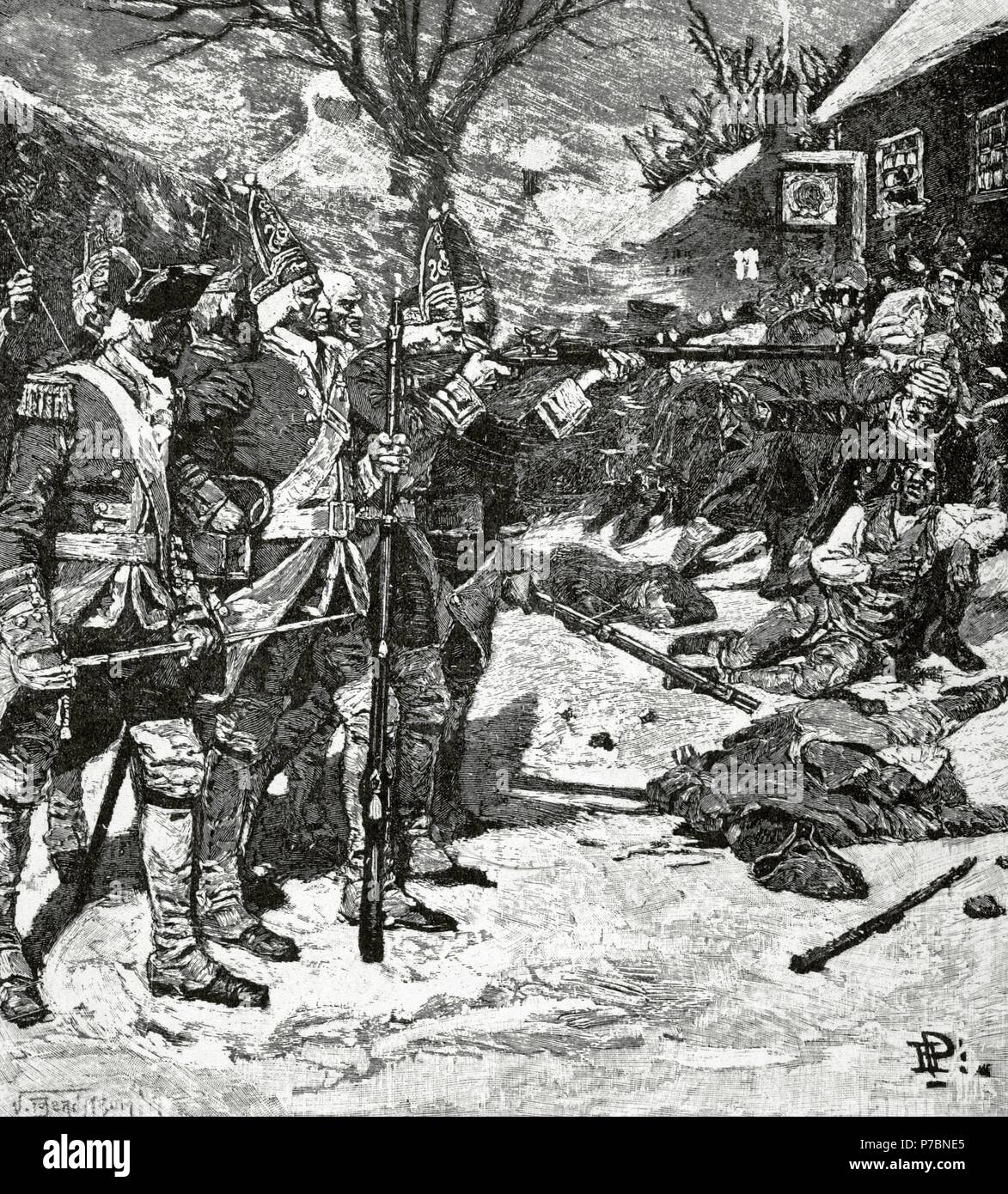 Amerikanischer Unabhängigkeitskrieg (1775-1783). Das Massaker von Boston oder Boston Riot (1770). Britischen Rotröcke tötete fünf zivile Männer. Gravur. Stockfoto