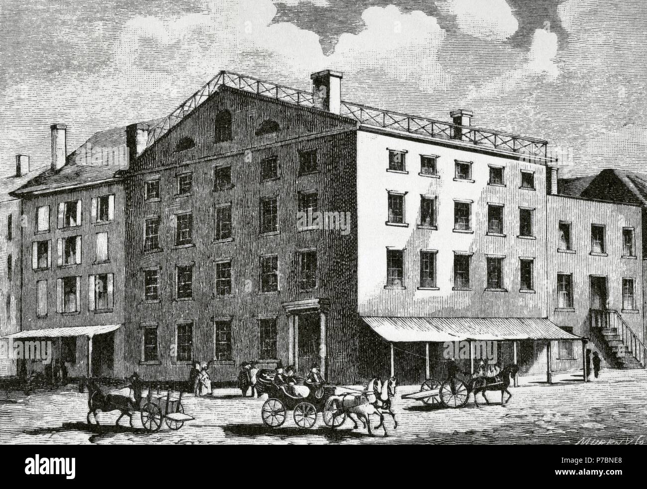 USA. New York City. Fraunces Tavern, der Ort, wo George Washington Abschied zu seiner Offiziere am 4. Dezember 1783, der Rücktritt als ein Commander-in-Chief der Kontinentalarmee nach dem US-Sieg hieß. Gravur. Stockfoto