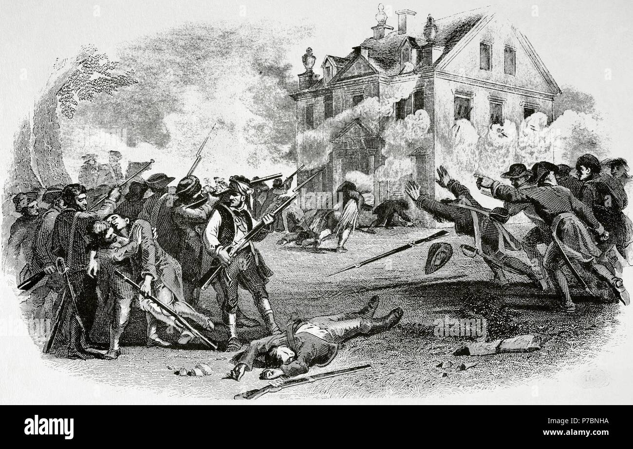 Amerikanischer Unabhängigkeitskrieg (1775-1783). Die Schlacht von Germantown, 1777. Amerikanischen Revolutionstruppen attackieren Cliveden (Benjamin kauen House) in Germantown. Gravur. Die amerikanische Revolution. des 19. Jahrhunderts. Stockfoto