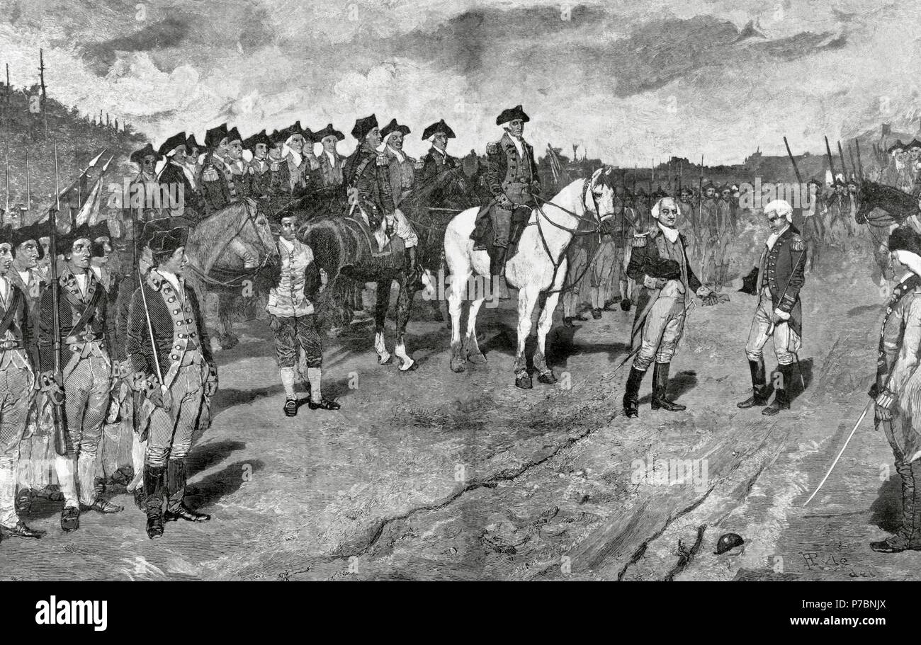Amerikanischer Unabhängigkeitskrieg (1775-1783). Belagerung von Yorktown. Kapitulation der britischen Major General Lord Charles Cornwallis, (19. Oktober 1781). Die Aktion beendet die Belagerung von Yorktown und praktisch garantiert der amerikanischen Unabhängigkeit. Gravur. 19. Stockfoto