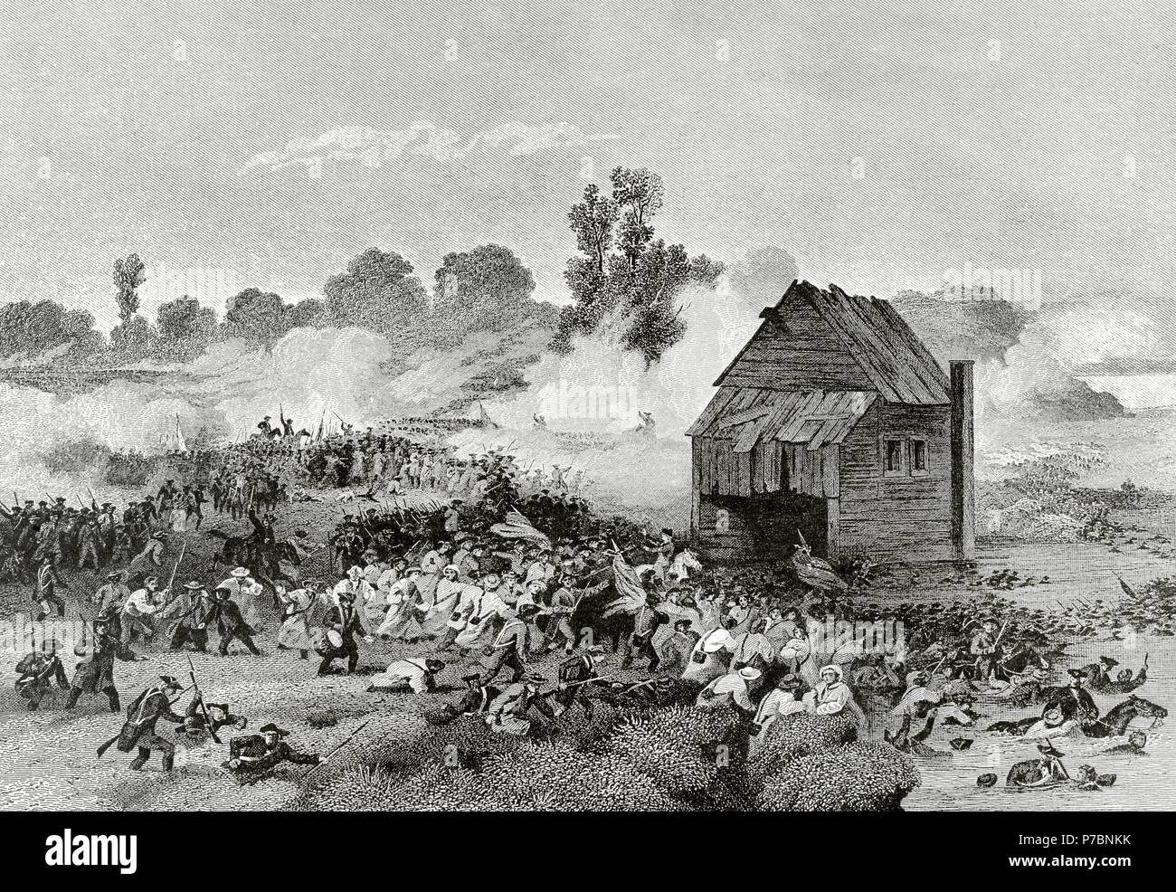 Amerikanischer Unabhängigkeitskrieg (1775-1783). Die Schlacht von Long Island oder Schlacht von Brooklyn (27. August 1776). Niederlage für die kontinentalen Armee unter General George Washington. Kupferstich von Alonzo Chappel. Stockfoto