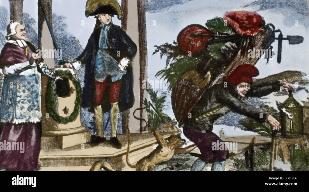 Französische Revolution (1789-1799). Das wird nicht ewig dauern. Satirische Gravur wo ironischerweise auf die Situation des ersten und dritten Staaten. 18. Jahrhundert. Farbige. Stockfoto