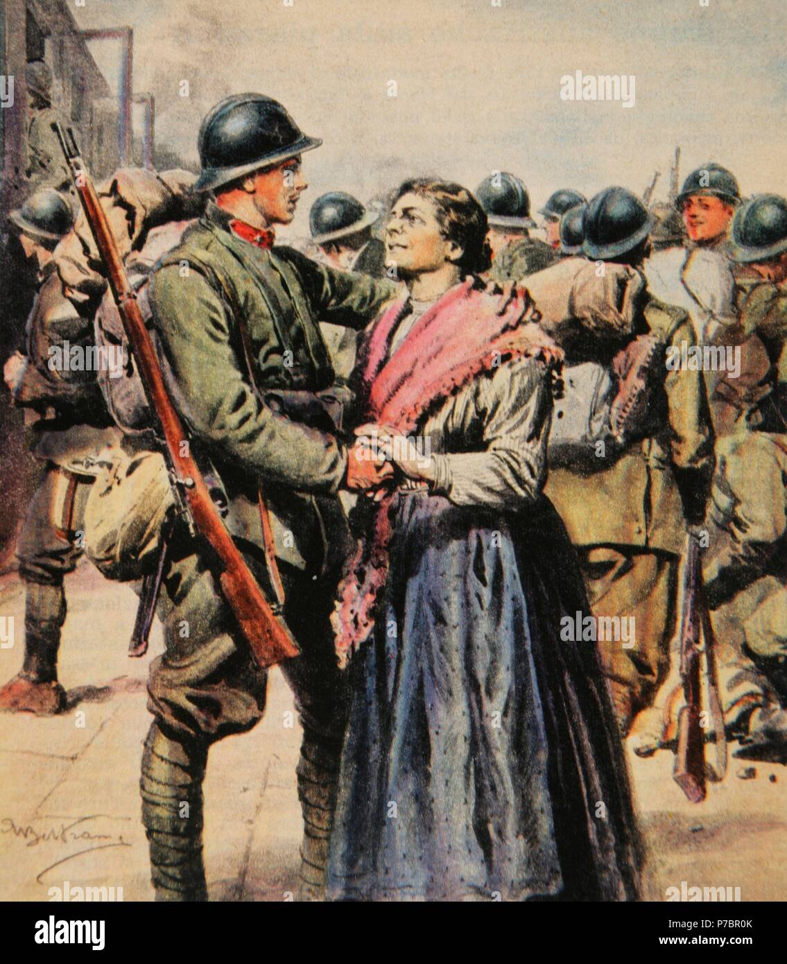 Der Erste Weltkrieg (1914-1918). Abschied Rekruten. Italien. Zeichnung von Achille Beltrame (1871-1945). La Domenica del Corriere, 1917. Farbe. Stockfoto