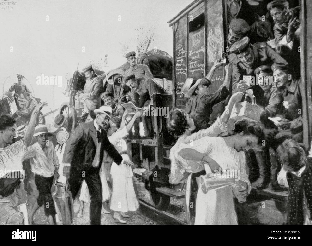 Der Erste Weltkrieg (1914-1918). Früh Krieg. Abschied von einem deutschen militärischen Zug, Leipzing, Deutschland. Kupferstich von La Esfera, 1914. Stockfoto