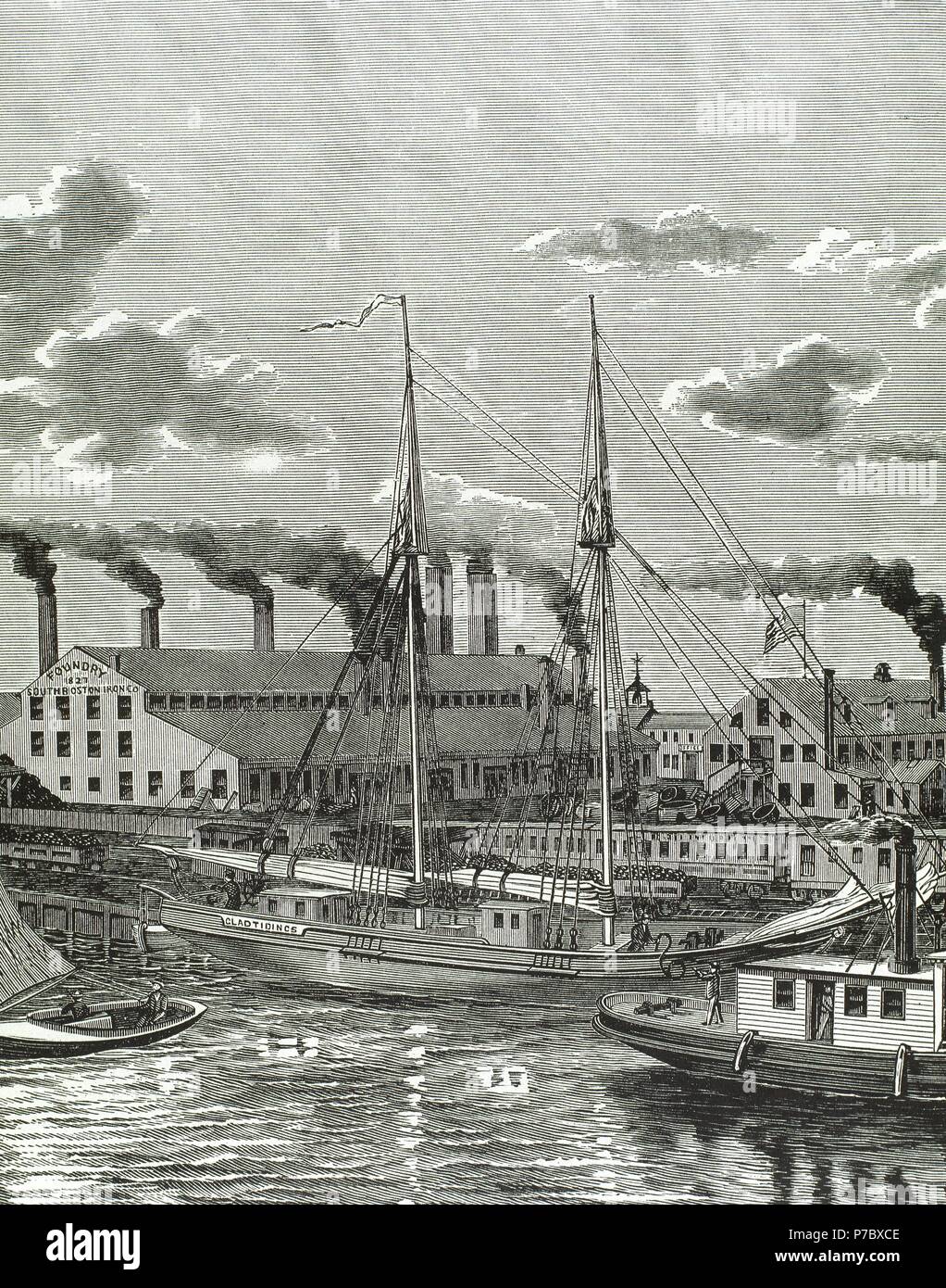 Die Vereinigten Staaten. Boston (Massachusetts). des 19. Jahrhunderts. South Boston Iron Company, 1827. Gießerei im Hafengebiet. Kupferstich, 1884. Stockfoto