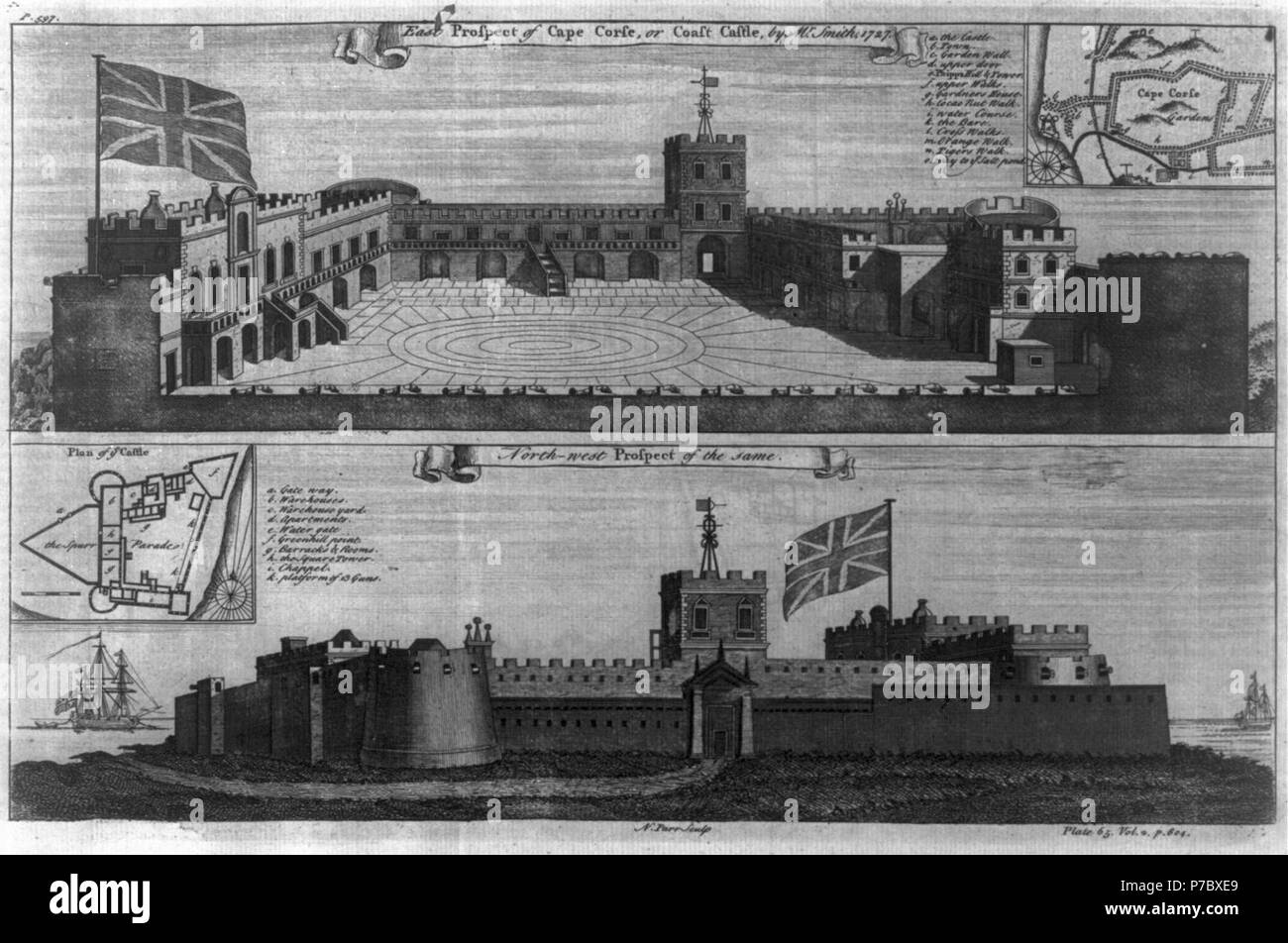 2 Blick auf "Kap Corse, oder Küste Schloss, von Herrn Smith, 1727; Osten und Nordwesten Blick auf Cape Coast Castle, Gold Coast, West Afrika Stockfoto