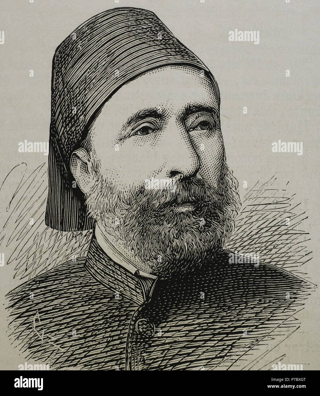 Sefik Ahmed Midhat Pascha (1822-1883). Osmanischer Staatsmann während der späten Tanzimat Ära. Großwesir des Osmanischen Reiches. Portrait.Gravur von capuz im 'La IIustracio n Espan Ola y Americana", 1876. Stockfoto