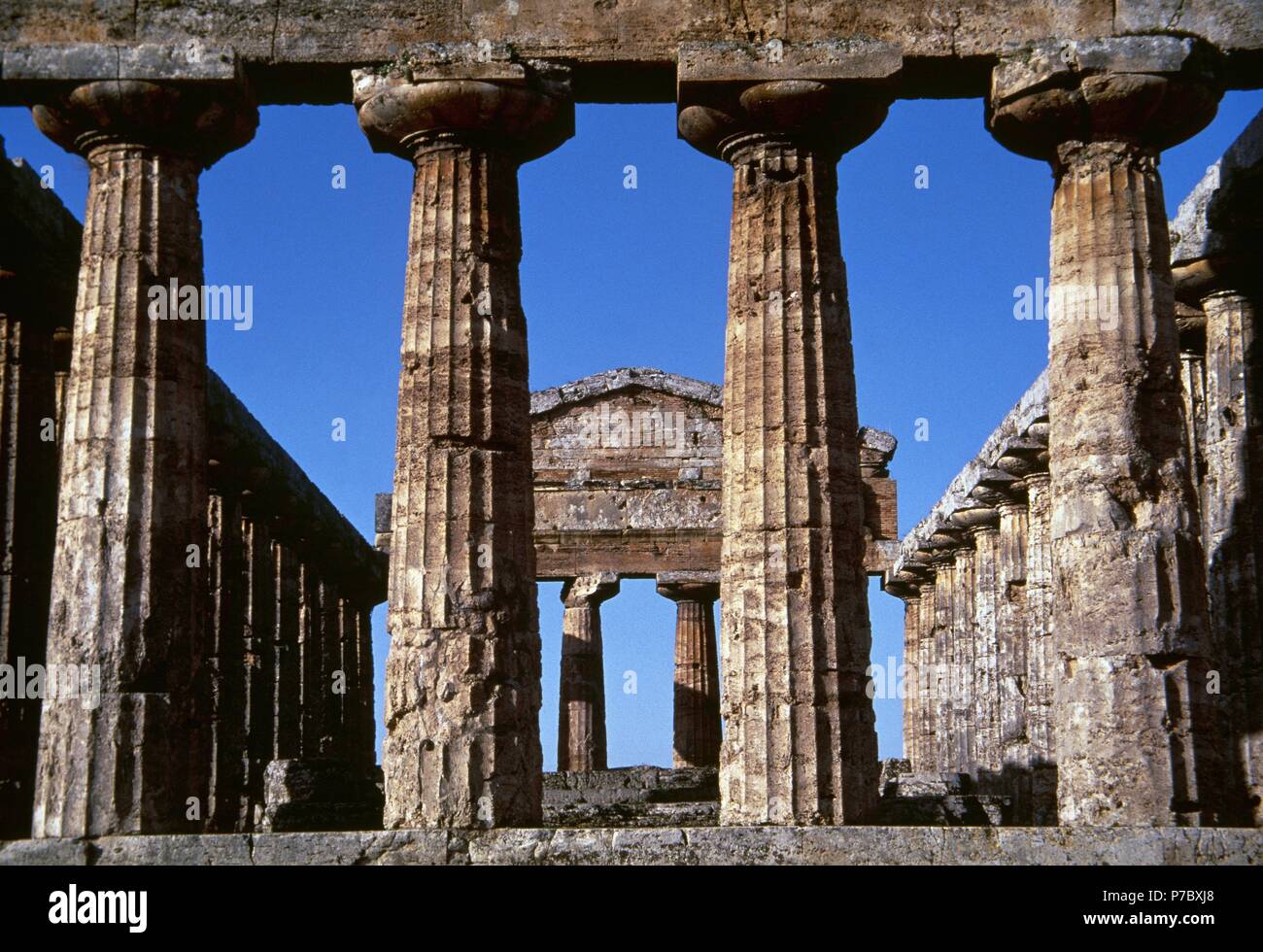 Magna Graecia. Paestum. Tempel der Athene. 6. Jahrhundert vor Christus. Dorischen Stil. Detail. Campania. Italien. Stockfoto