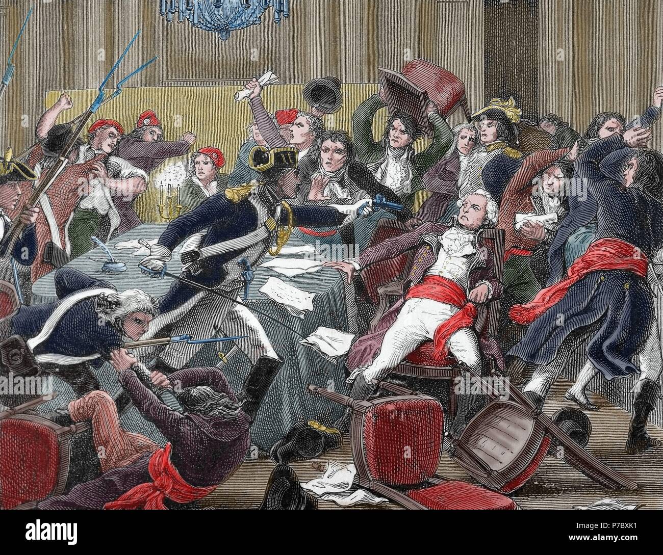 Thermidorian Reaktion. 9. Thermidor. 27. Juli 1794. Ergebnis. Ende der Herrschaft des Terrors. Paris. Frankreich. Gravur. des 19. Jahrhunderts. Farbige. Stockfoto