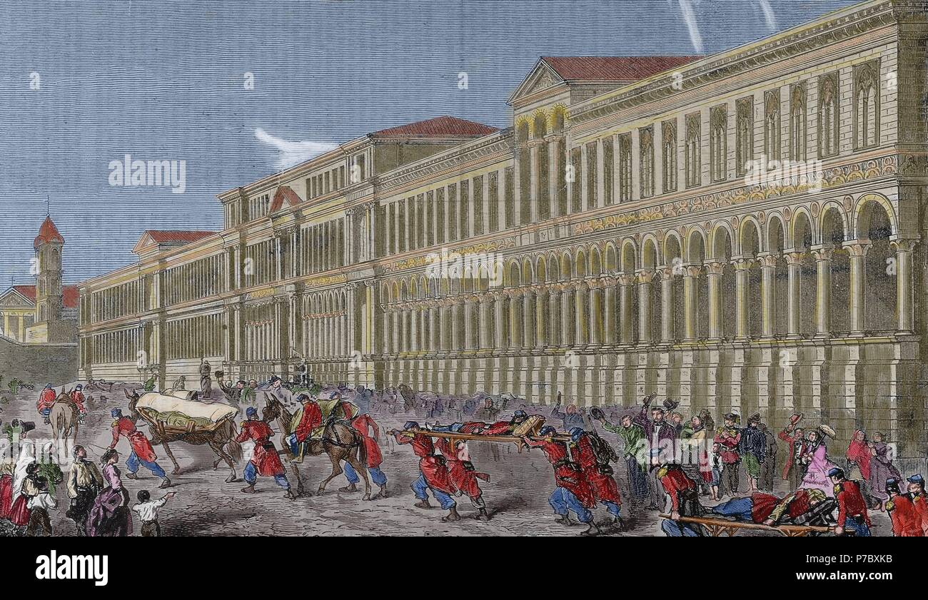 Italien. Mailand-Krankenhaus. Konvoi von Verwundeten aus der Schlacht von Magenta. 4. Juni 1859. Zweiten italienischen Unabhängigkeitskrieg. Farbige Gravur. Stockfoto