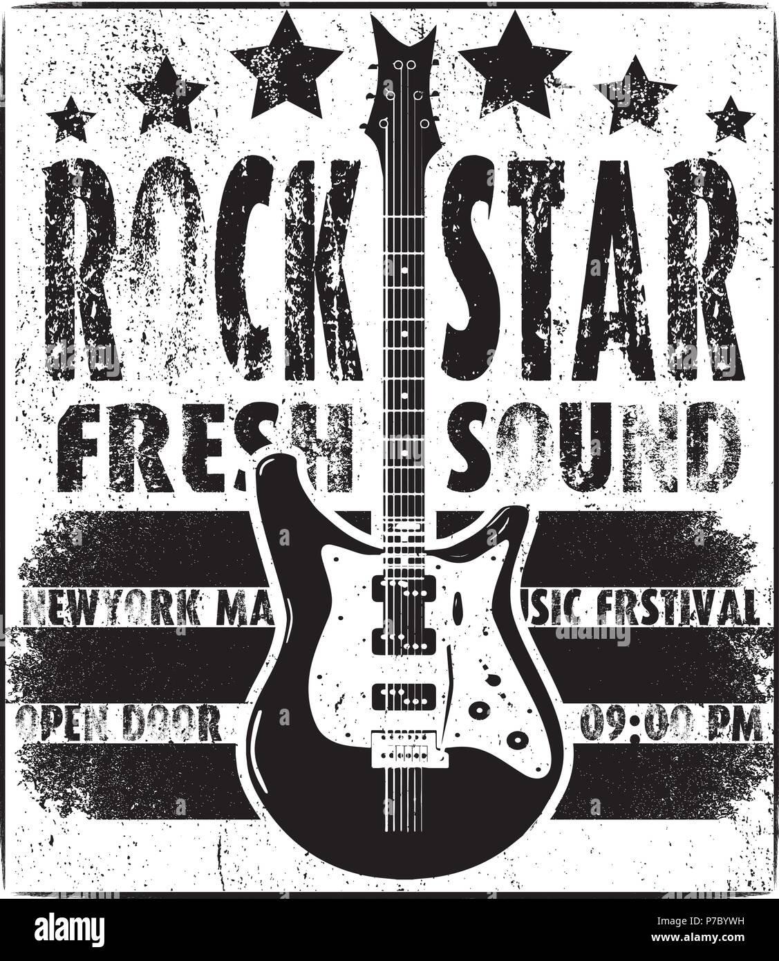Cool grunge Hand gezeichnet E-Gitarre mit verzerrten Text. Rock Star. EPS 10 Vektor Bild. Stock Vektor