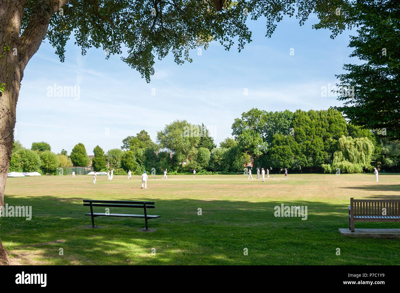 Cricket Match bei Waysbury Cricket Club, der Grünen, der wraysbury, Berkshire, England, Vereinigtes Königreich Stockfoto