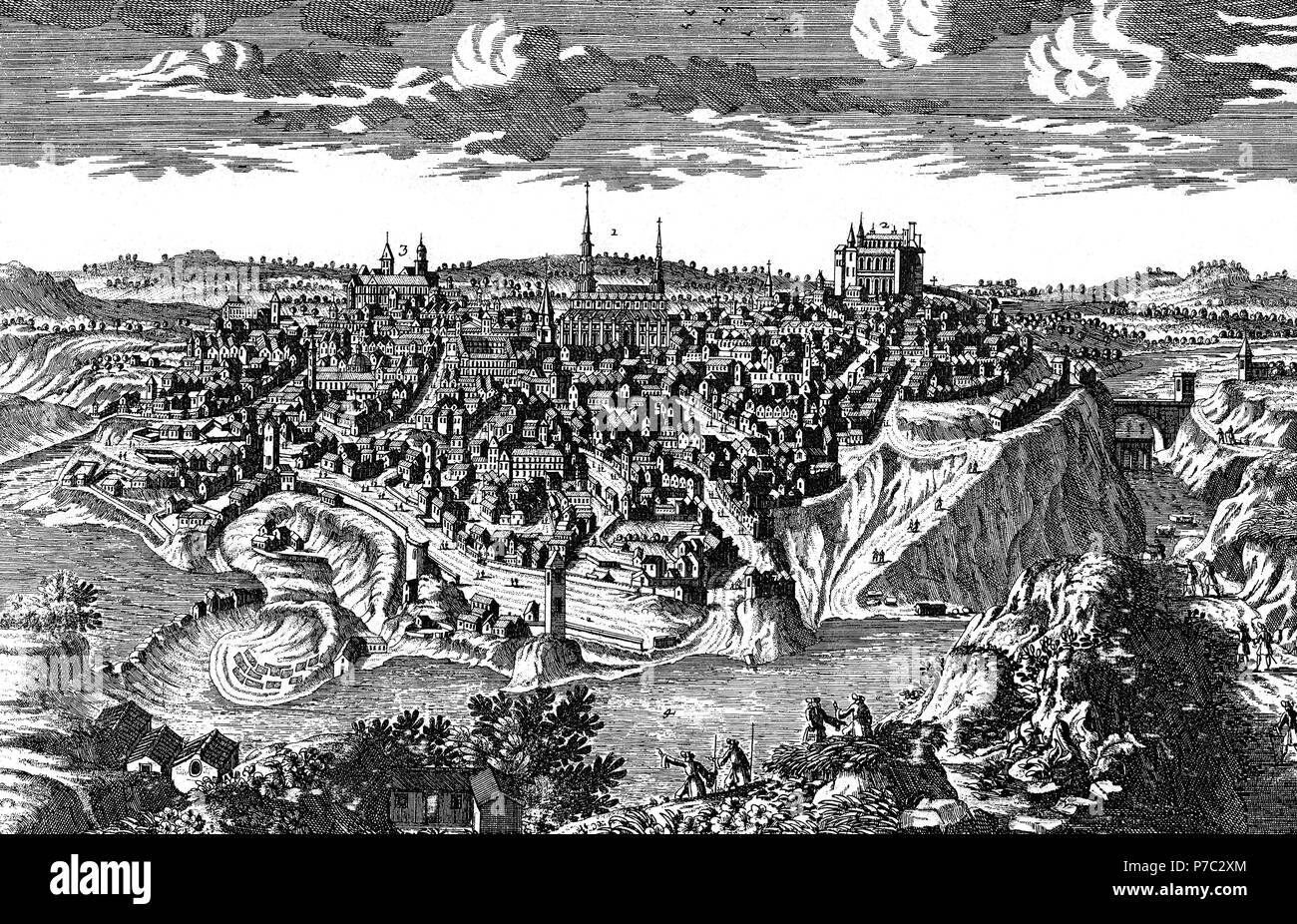 Castilla Nueva Vista de la Ciudad de Toledo, rodeado por el Rio Tajo. Museum: COLECCION INSBESONDERE MADRID ESPAÑA. Stockfoto
