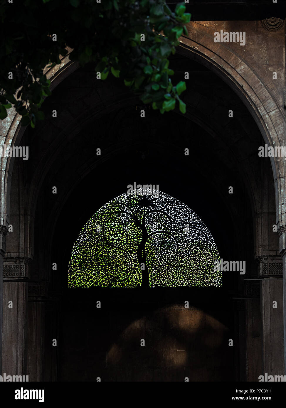 Berühmte Sidi Saiyyed Moschee jali-stein Gitterkonstruktion windows in Ahmedabad - Weltkulturerbe Stadt von Gujarat, Indien mit Zweigen zum Rahmen hinzufügen Stockfoto