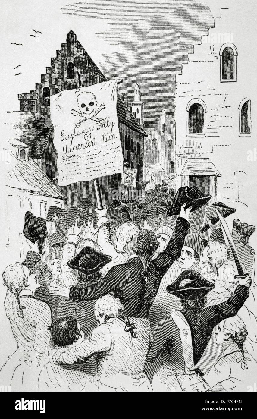 USA. New York. 18. Jahrhundert. Proteste der Stamp Act 1765 vom Parlament of Great Britain, die eine direkte auf den dreizehn britischen Kolonien Britisch Amerika Steuer bestellt. Gravur. Die amerikanische Revolution. Stockfoto