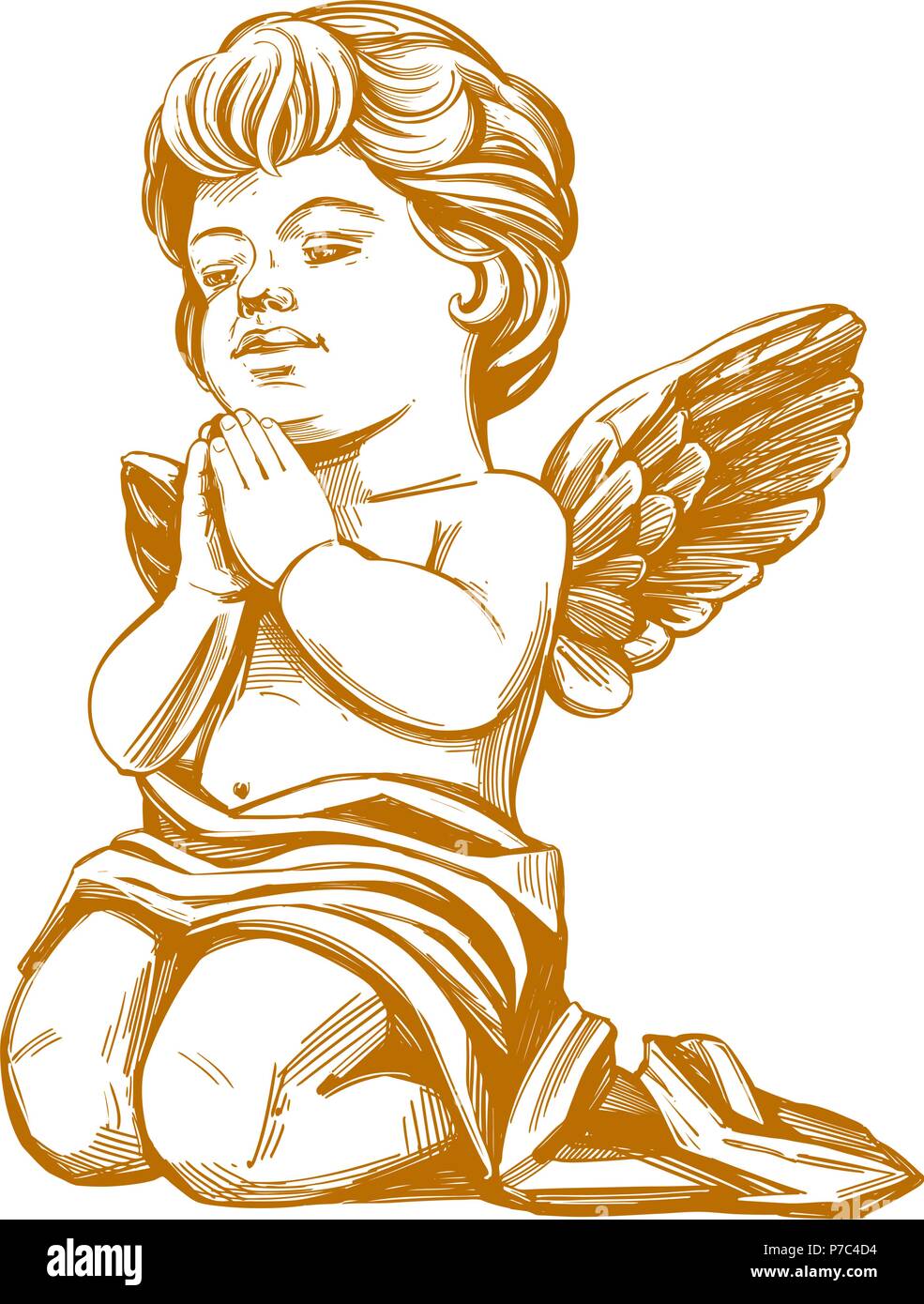 Engel, betet auf seinen Knien Hand Vektorillustration