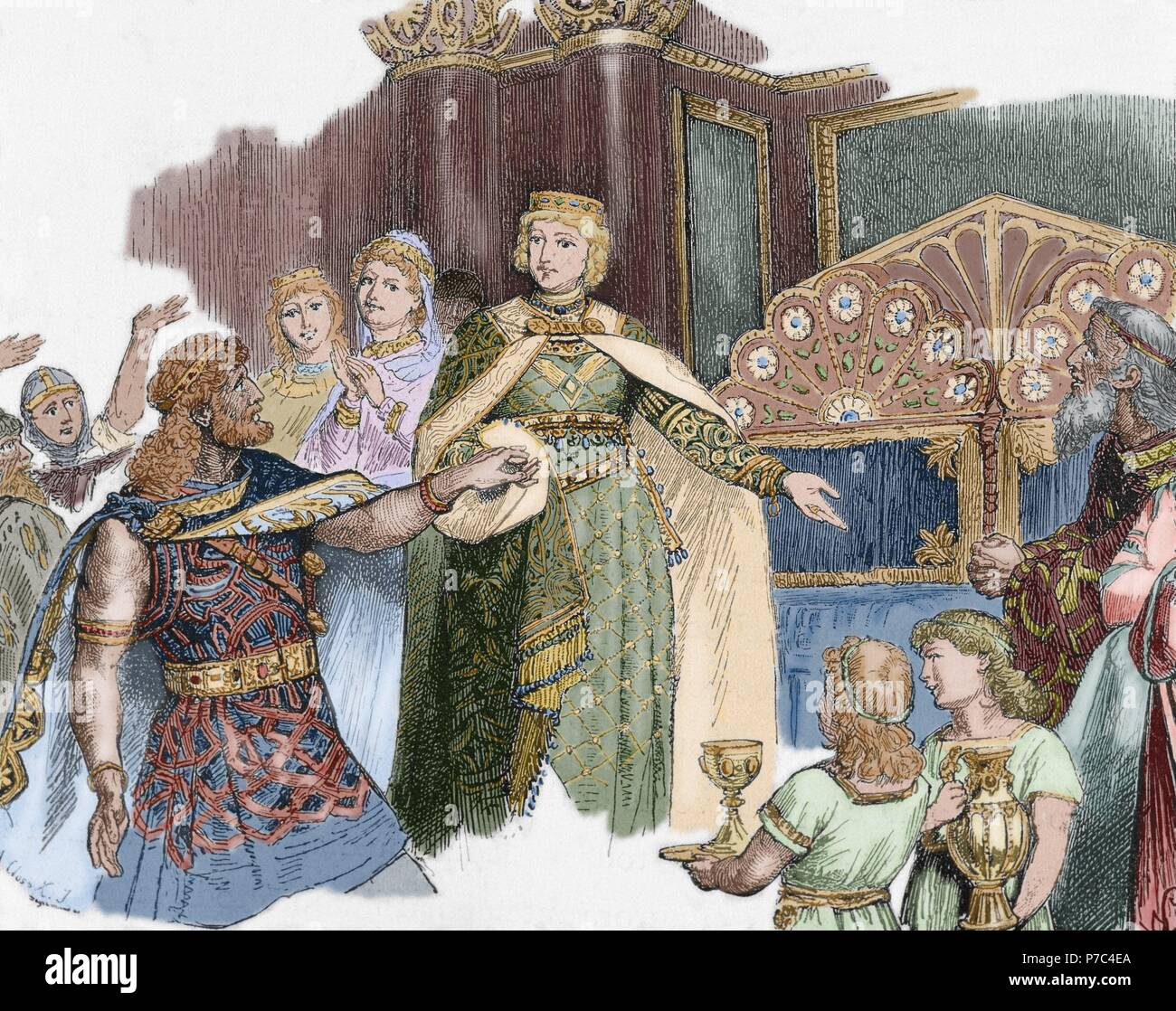 Theodelinda (570-628). Königin der Langobarden. Theodelinda wählt  Langobardenkönig als Ehemann, 591. Kupferstich, 1882. Farbige  Stockfotografie - Alamy