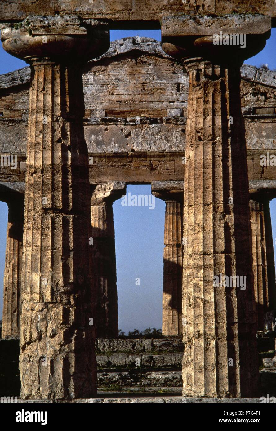 Magna Graecia. Paestum. Tempel der Athene. 6. Jahrhundert vor Christus. Dorischen Stil. Detail. Campania. Italien. Stockfoto