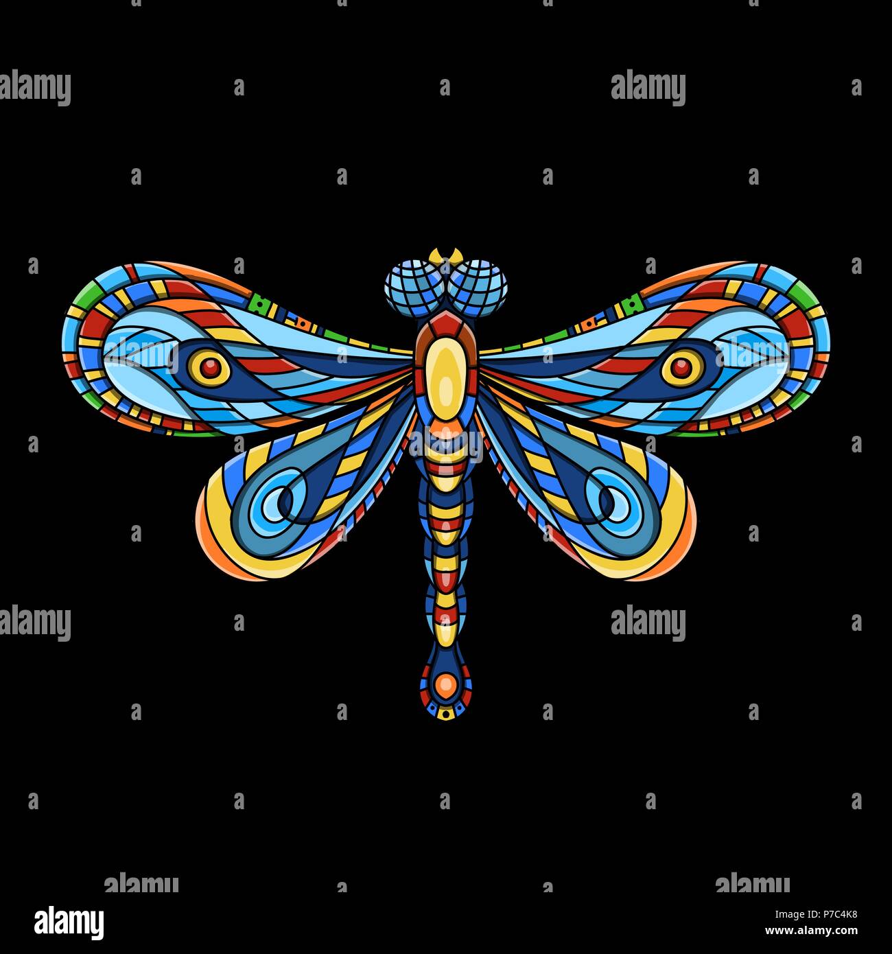 Exquisite kunstvoll stilisierte Libelle. Spirituelle, esoterische, totem Symbol für Afrika, Indien, Amerika. Ethnische Tribal Muster mit Elementen der Ar Nouveau ein Stock Vektor