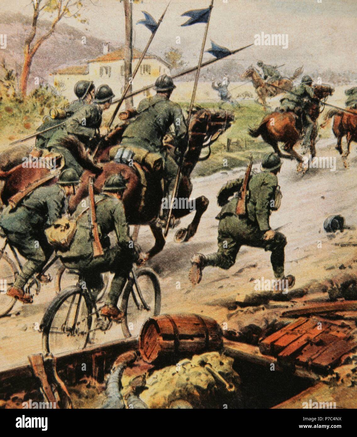 Der Erste Weltkrieg (1914-1918). Die Italienische Kavallerie jagt den Feind. Gravur in La Domenica del Corriere, Italien. Stockfoto