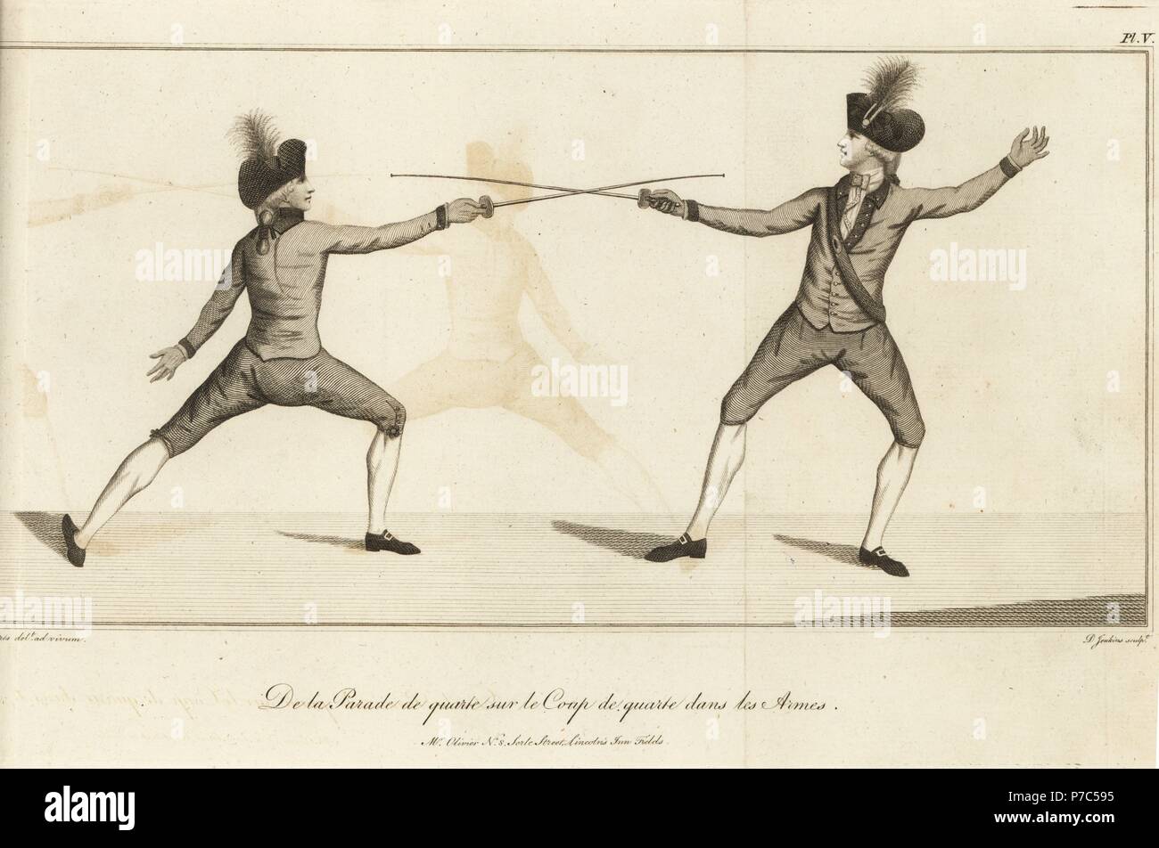 Herren Fechter Longieren (coup de Quarte dans les armes) und Parieren (Parade de Quarte), 18. Kupferstich von D Jenkins nach einer Abbildung aus dem Leben von J. Roberts von Herrn J. Olivier Fechten vertraut gemacht, oder eine neue Abhandlung über die Kunst des Schwert Spielen, John Bell, London, 1771. Stockfoto