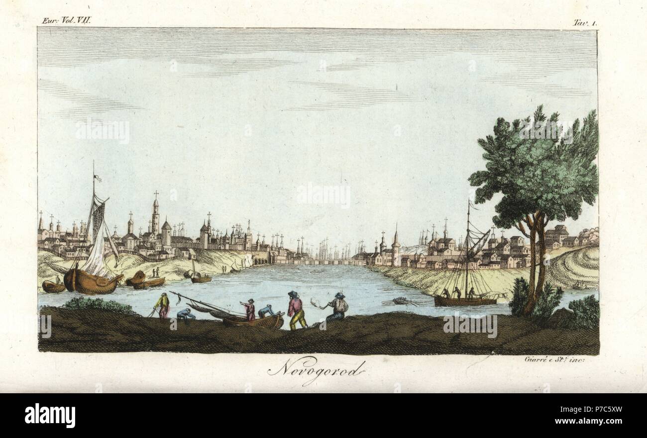 Blick auf die Stadt Nowgorod, Hauptstadt der Republik Nowgorod, erste Hauptstadt Russlands. Handkoloriert Kupferstich nach einer Illustration von Giarre aus Giulio Ferrario Kostüme Ancient and Modern der Völker der Welt, Florenz, 1847. Stockfoto