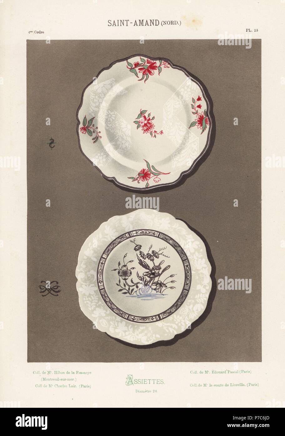 Platten verziert mit floralen Motiven aus Saint-Amand, Frankreich. Handgefertigte Farblitho von Ris Paquots allgemeine Geschichte der alten französischen und ausländischen glasierte Keramik, Chez l'Auteur, Paris, 1874. Stockfoto