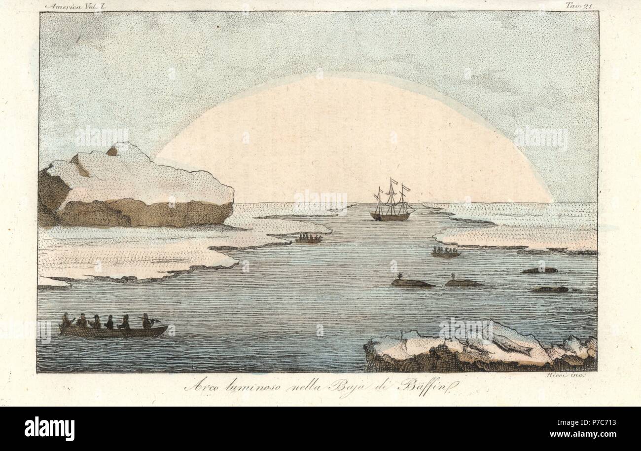 Hellen Bogen von Licht über Eisberge und Eisschollen in Baffin Bay, Kanada. Papierkörbe Kupferstich von Sasso von Giulio Ferrario von Antike und Moderne Kostüme aller Völker der Welt, Florenz, Italien, 1837. Stockfoto