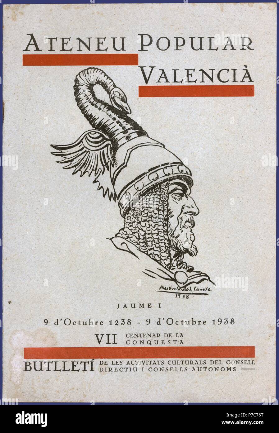 Guerra Civil Española (1936-1939). Portada del boletín Ateneu beliebte Valencià. Año I, nº 10, año 1938. Conmemoración del 7º Centenario de la conquista de Valencia por el Rey Jaime I el Conquistador. Stockfoto