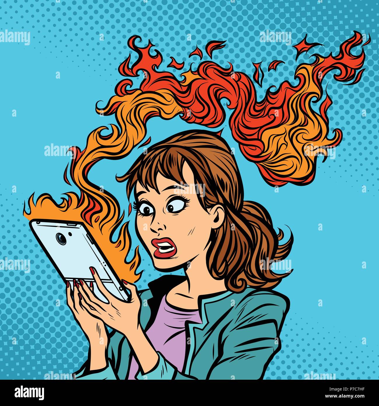 Frau mit einem brennenden Telefon. Hot News. Die Zündung der Batterie Stock Vektor