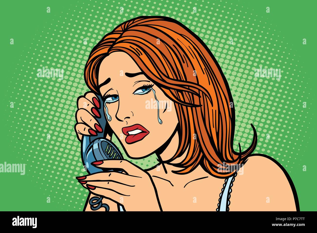 Tränenreich Frau am Telefon zu sprechen. Emotionen. Stock Vektor
