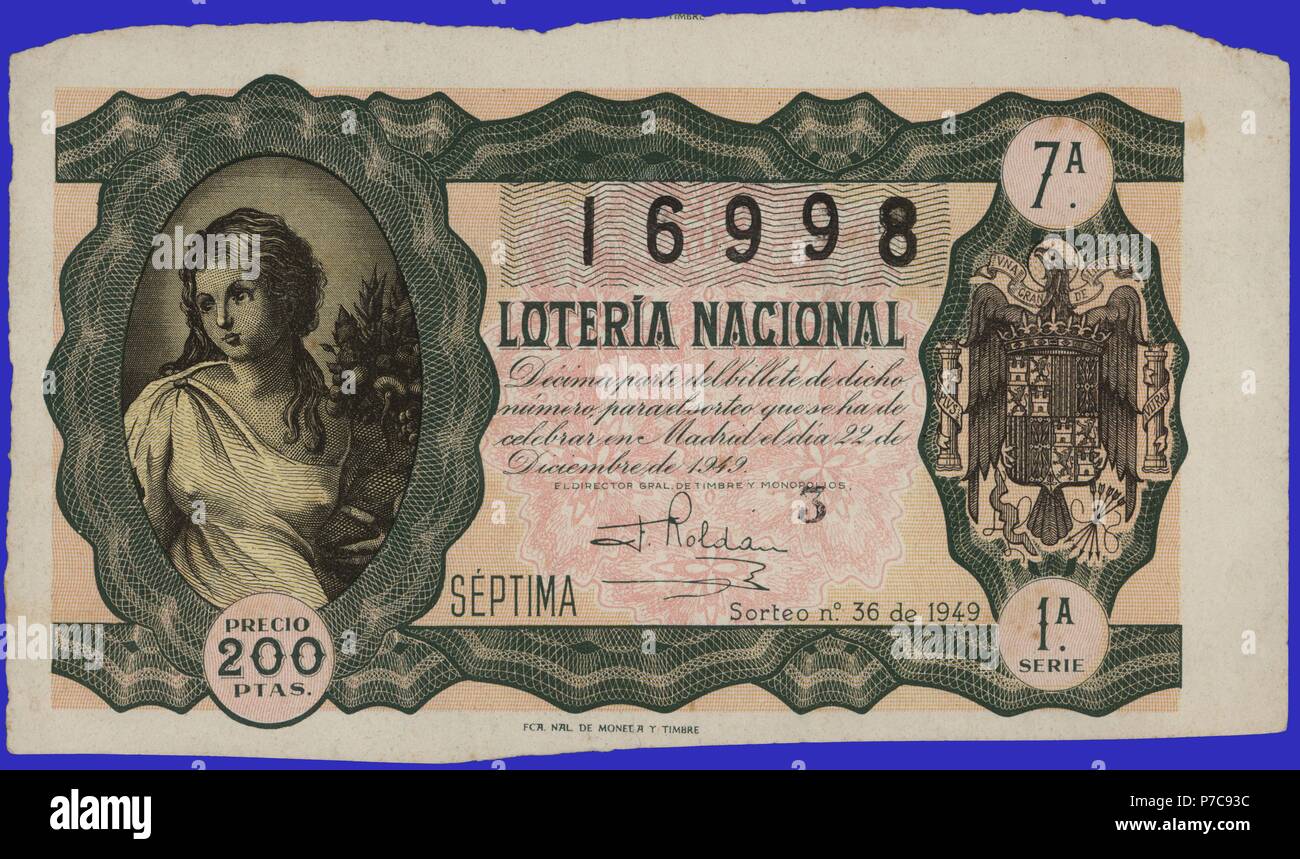 España. Décimo de la Lotería Nacional del del 22 de Dcieimbre Sorteo de 1949. Stockfoto