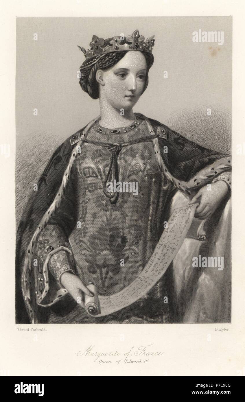 Marguerite von Frankreich, Königin von König Edward I. von England, hält ein blättern. Stahlstich von B. Eyles nach einem Portrait von Edward Corbould von Mary Howitt Biographische Skizzen der Königinnen von England, Tugend, London, 1868. Stockfoto