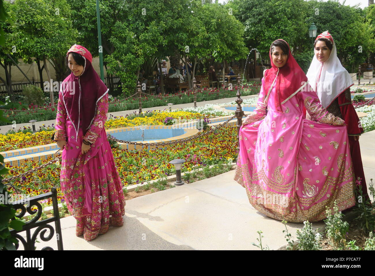 Schöne junge Frau, in Rosa gekleidete Nationalen Iranischen Kostüm, in einem Park in der Stadt Shiraz, Iran posieren. Stockfoto