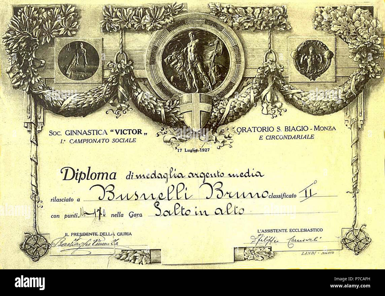 1927 - Bruno-Busnelli - Diplom - Salto-in-alto - ginnastica - Victor. Stockfoto