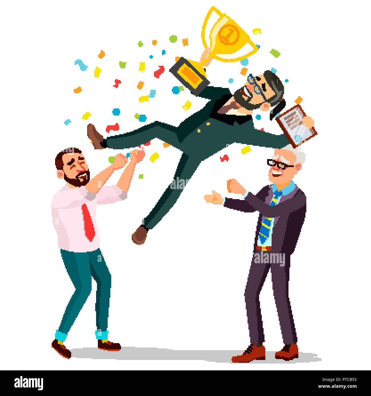 Sieger Geschäftsmann Vektor. Kollegen werfen. Kollege feiert die  Zielerreichung. Goldene Schale. Meister Nummer Eins. Flache Cartoon  Illustration Stock-Vektorgrafik - Alamy