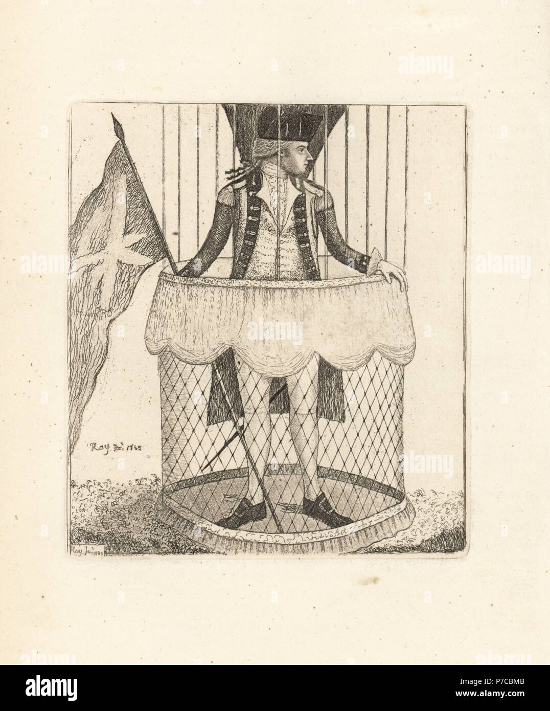 Vincent Lunardi in seinem Ballon vor seinem Aufstieg von der Heriot Krankenhaus Grün am 5. Oktober 1785. Kupferstich von John Kay von A Series of Original Portraits und Karikatur Radierungen, Hugh Paton, Edinburgh, 1842. Stockfoto
