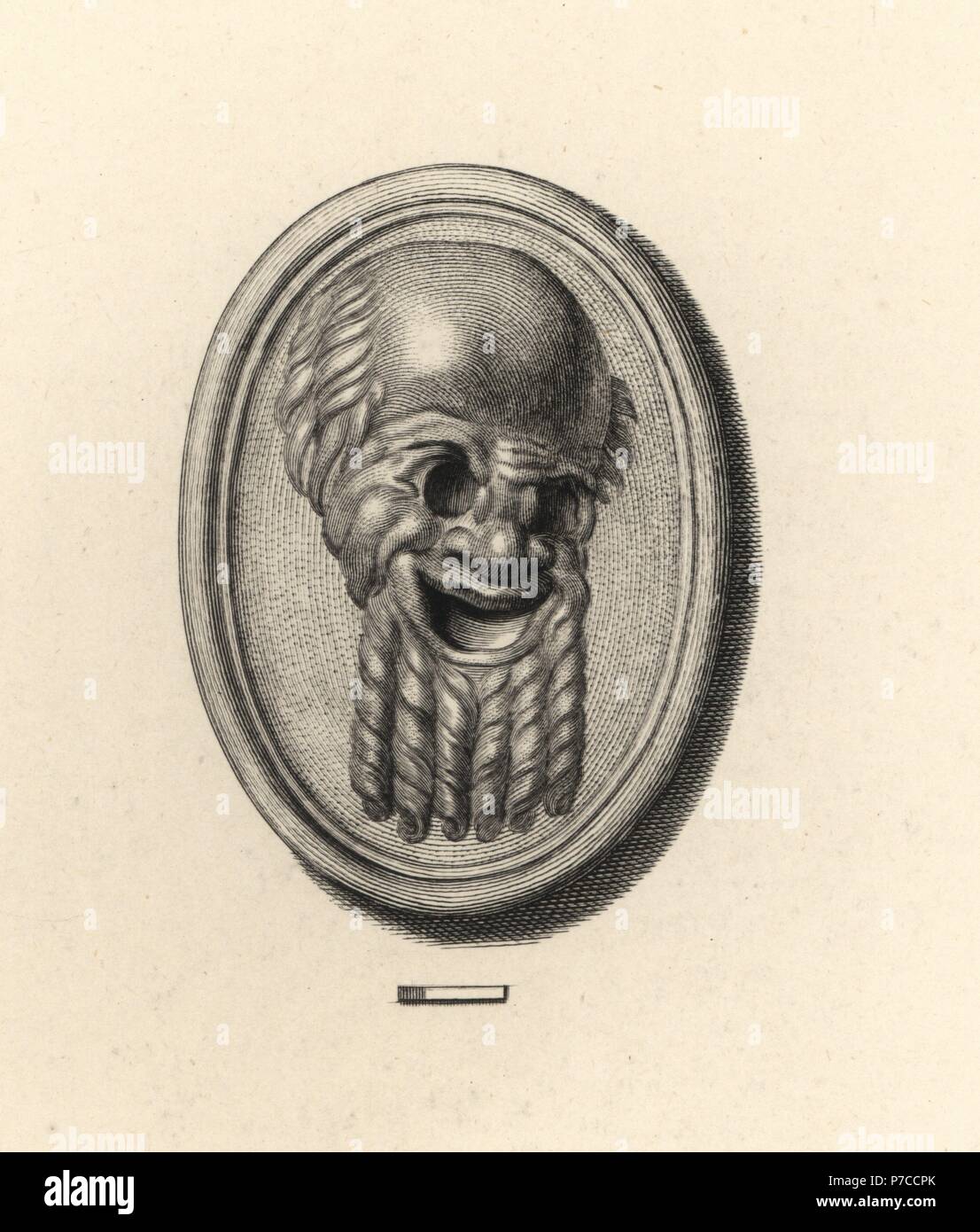 Maske des Silen, Satyr Tutor des Dionysos, der griechische Gott des Weines. Kupferstich von Francesco Bartolozzi aus 108 Platten der Antike Schmuckstücke, 1860. Die Edelsteine wurden von dem Herzog von Marlborough Sammlung. Stockfoto