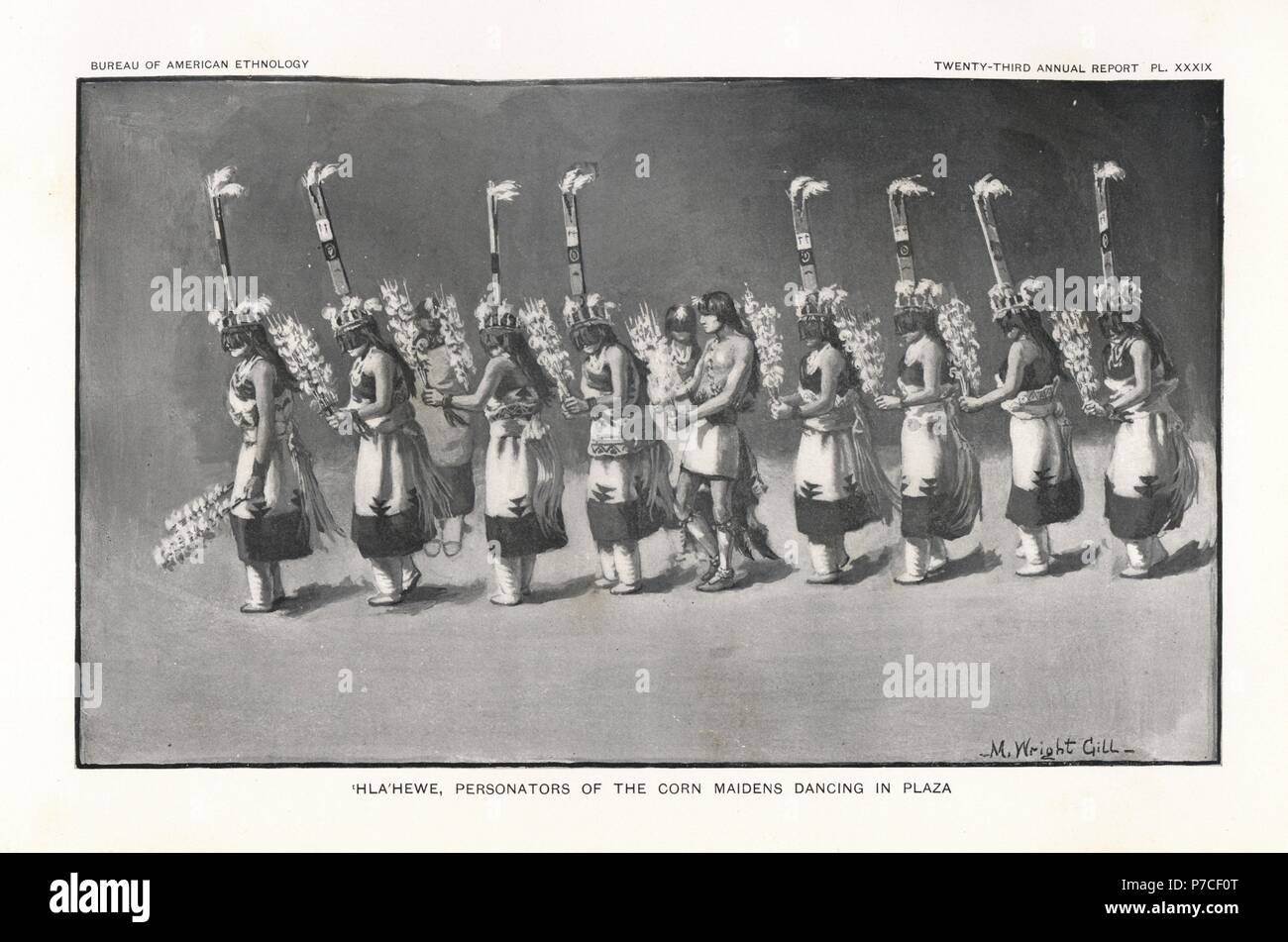 Hla' hewe personators des Mais Mädchen tanzen auf der Plaza, Zuni Nation. Lithografie nach Mary Wright Gill von John Wesley Powell's 23. Jahresbericht des Präsidiums der amerikanischen Ethnologie, Washington, 1904. Stockfoto