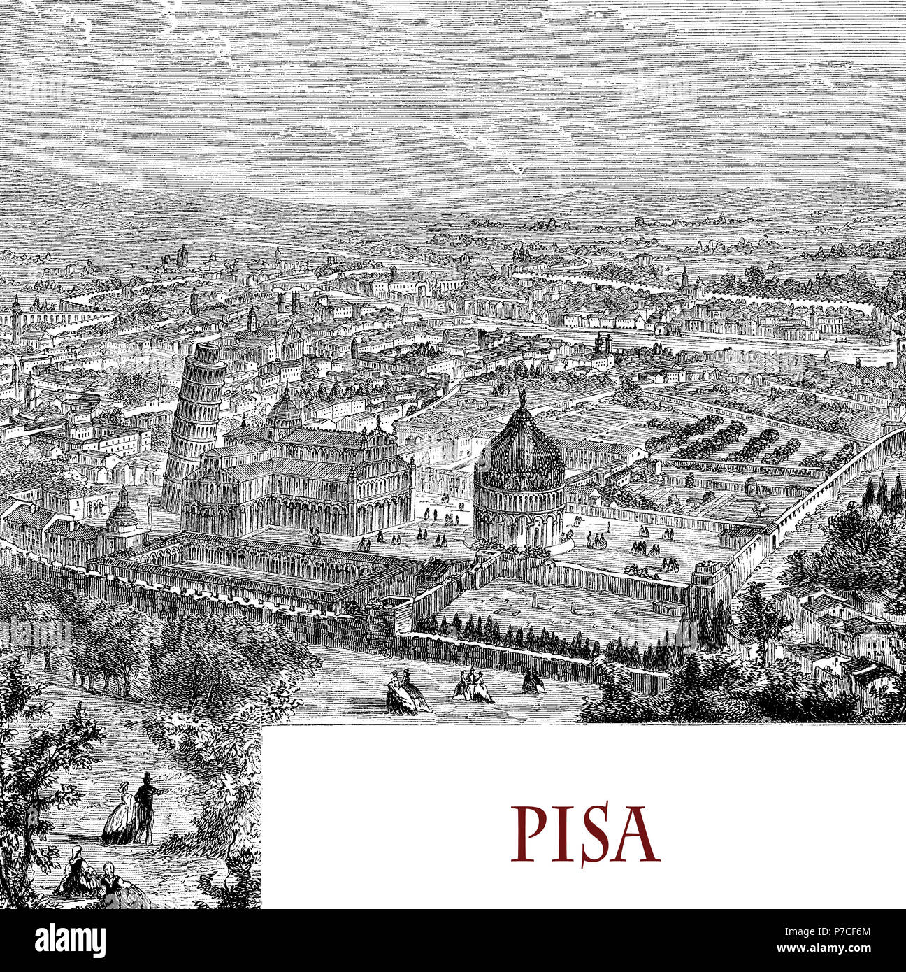 Bird's Eye View in Pisa, Italien und die monumentale Piazza dei Miracoli mit der Kathedrale, das Baptisterium und der schiefe Turm, vintage Gravur Stockfoto
