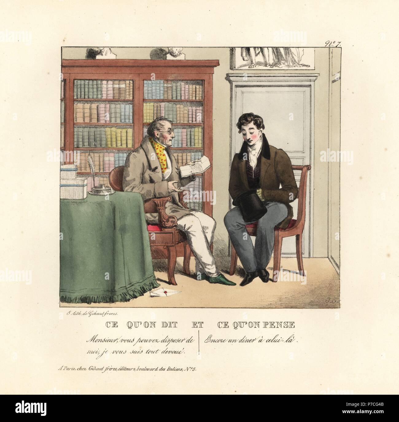 Junger Herr in der Studie von einem Berater lesen einen Brief. Er sagt, ich bin ganz zu Ihrer Verfügung. Er denkt, Ein weiteres kostenloses Abendessen! Papierkörbe Lithographie von der Gihaut Brüder nach einer Illustration von Schweizer Künstler Jean Gabriel Scheffer von Petites Szenen du Monde, ce qu'on dit et ce qu'on Pense, Gihaut Freres, Paris, 1829. Stockfoto