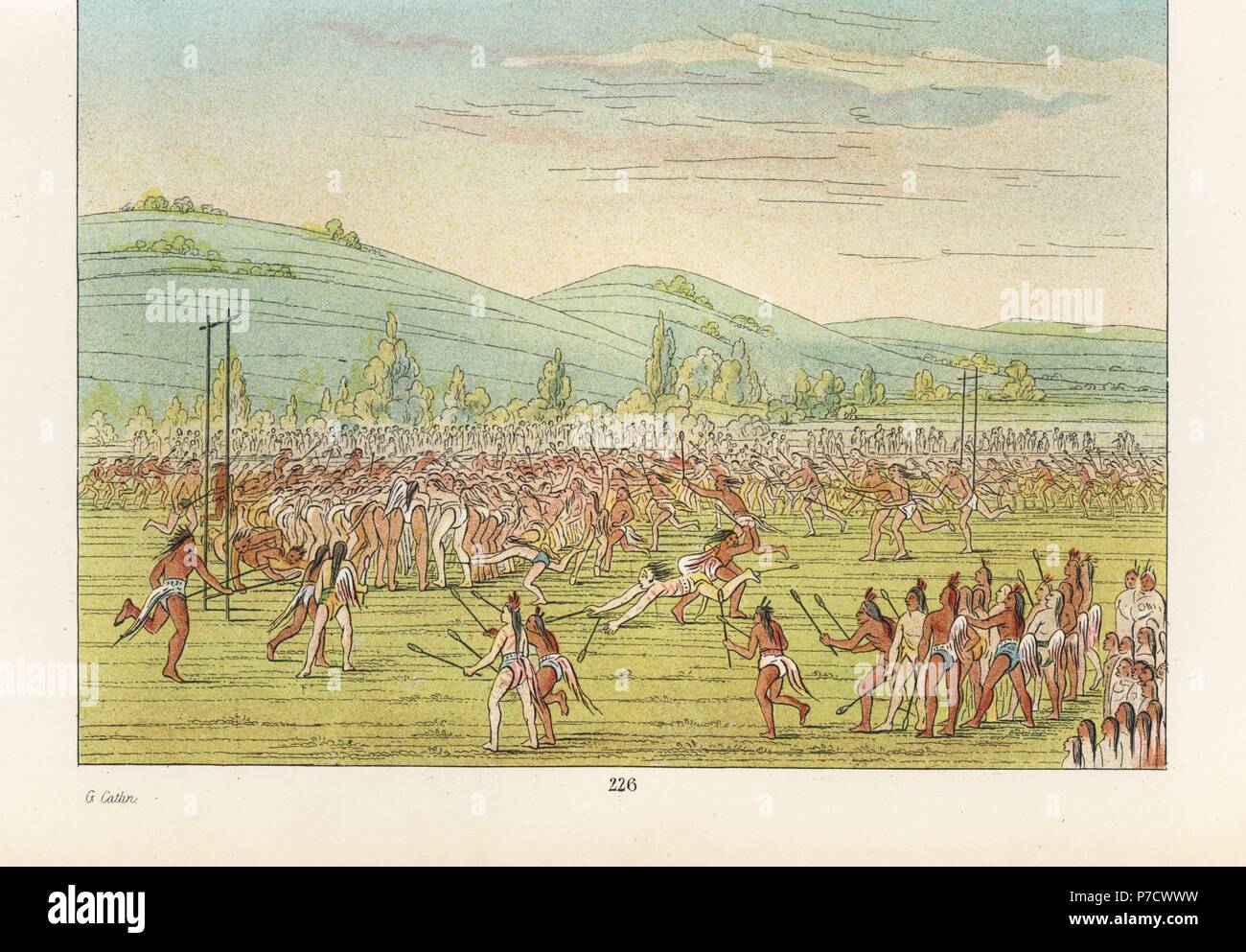 Choctaw Männer in Lendenschurz und Tail nur in einem Scrum oder Huddle während dem Ball-Spiel ähnlich wie Lacrosse oder Hockey. Handkoloriert Lithographie von George Catlins Sitten, Bräuche und Zustand der nordamerikanischen Indianer, London, 1841. Stockfoto