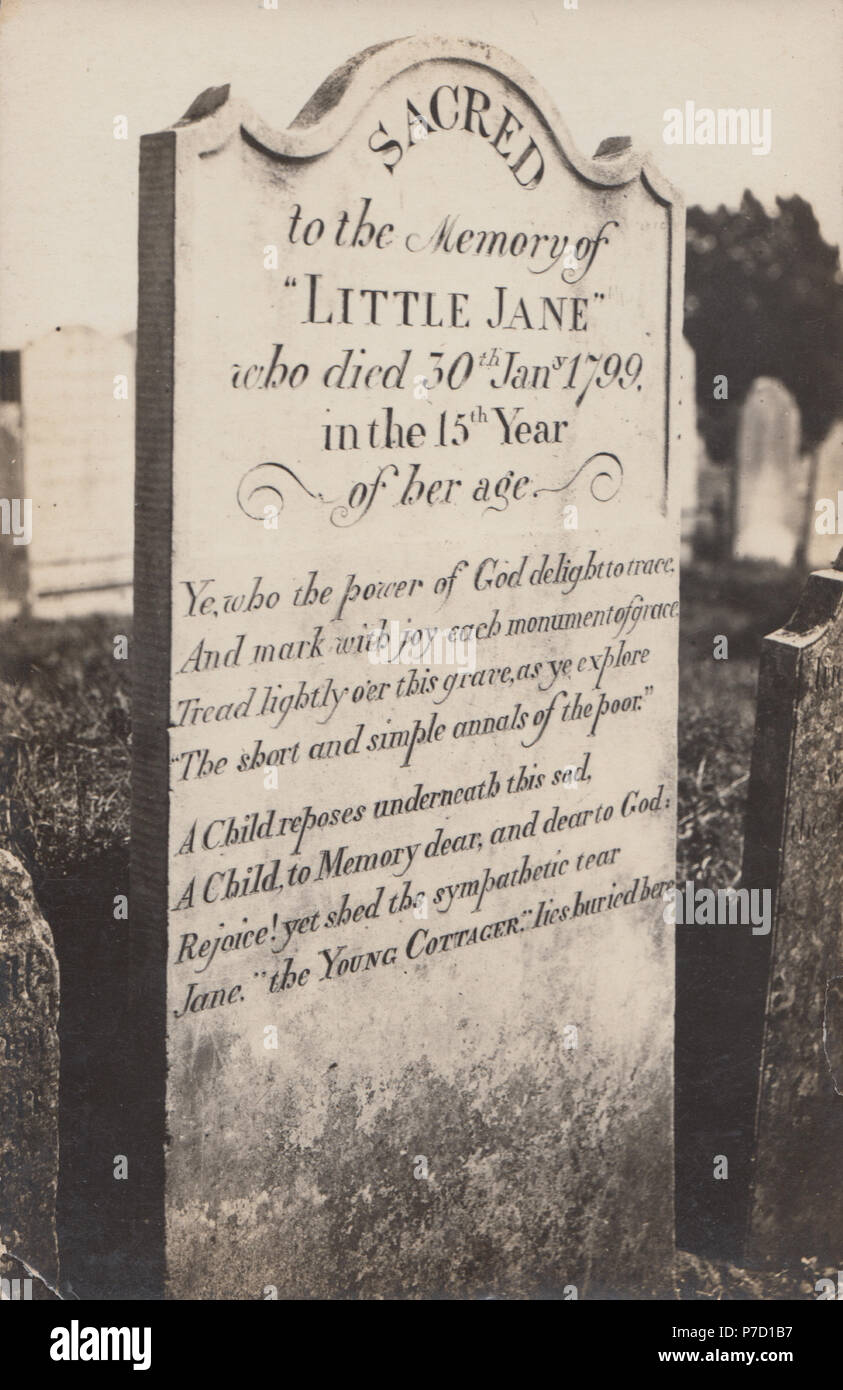 Grabstein des "Little Jane'. Jane Squibb, die 1799 im Alter von 15 Jahren gestorben. Bei Brading, Isle of Wight, England, UK begraben Stockfoto