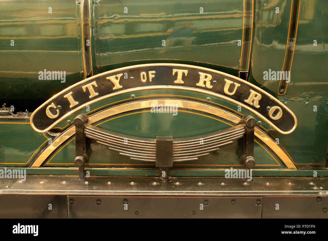 Motor Typenschild auf "Stadt Truro' Dampflok auf der Steam Museum der Great Western Railway, Swindon, Wiltshire Stockfoto